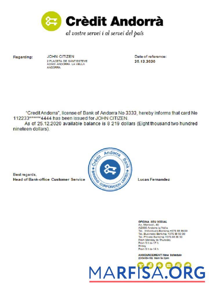 Realistic Andorra Credit Andorra bank reference real example